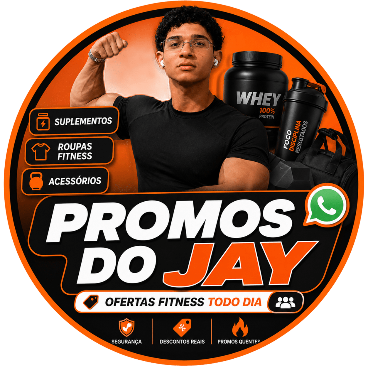 Logo ilustrada da Promos do Jay com suplementos, roupas fitness, acessórios e ofertas no WhatsApp